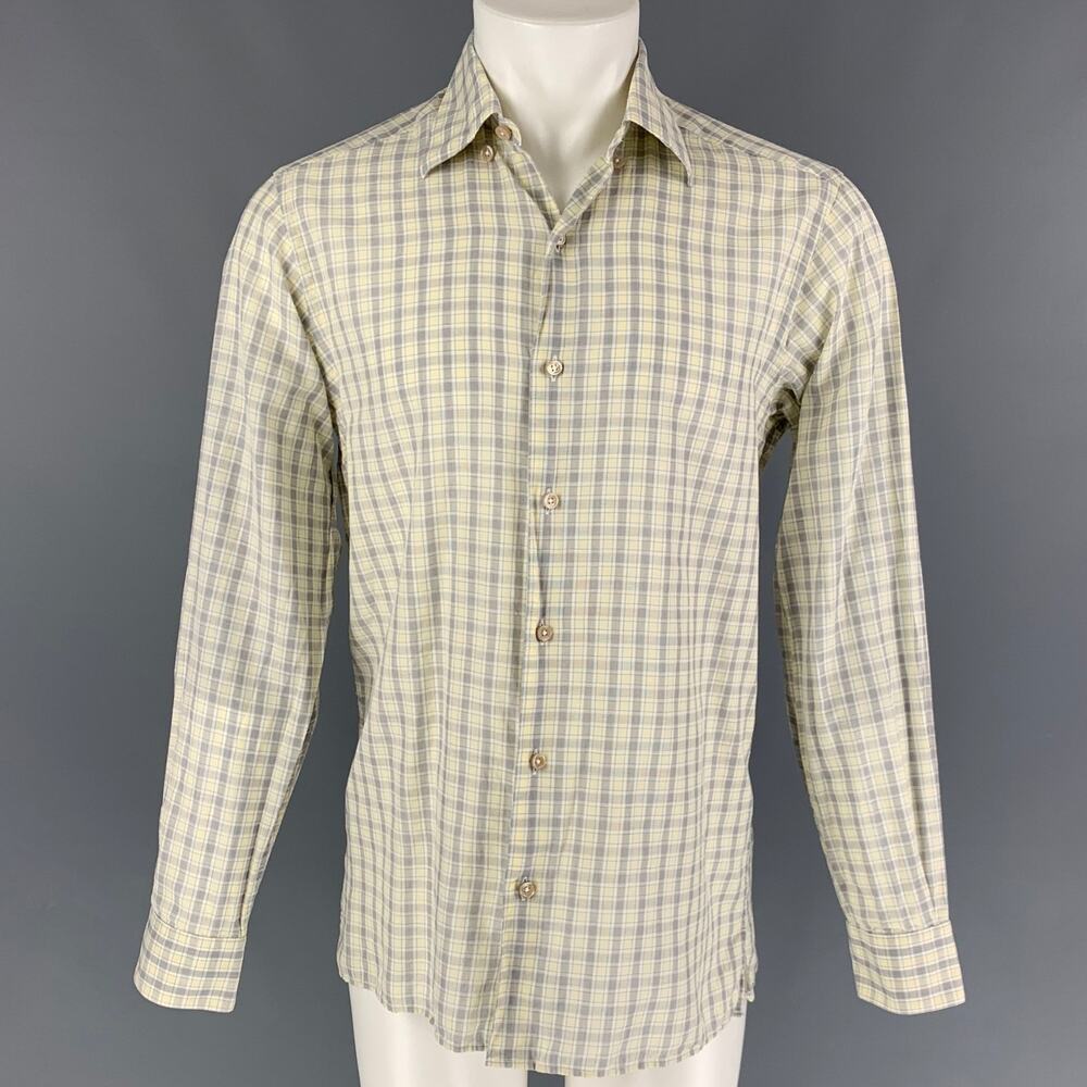 ERMENEGILDO ZEGNA Size M Yellow Blue Plaid Cotton Linen Long Sleeve Shirt